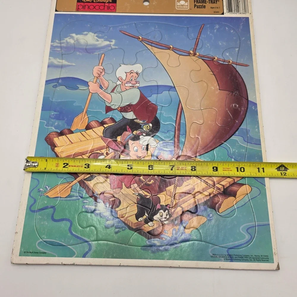 Golden Pinocchio Puzzle Kids Blue Disney Raft Scene Vintage Frame Tray Toy